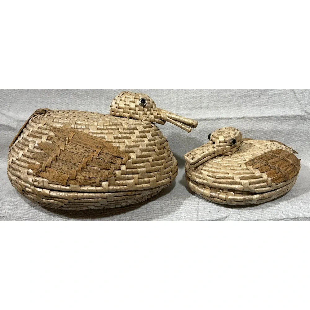 Vintage Woven Straw Duck Nesting Baskets Set of 2 Mallard Figurines with Lids